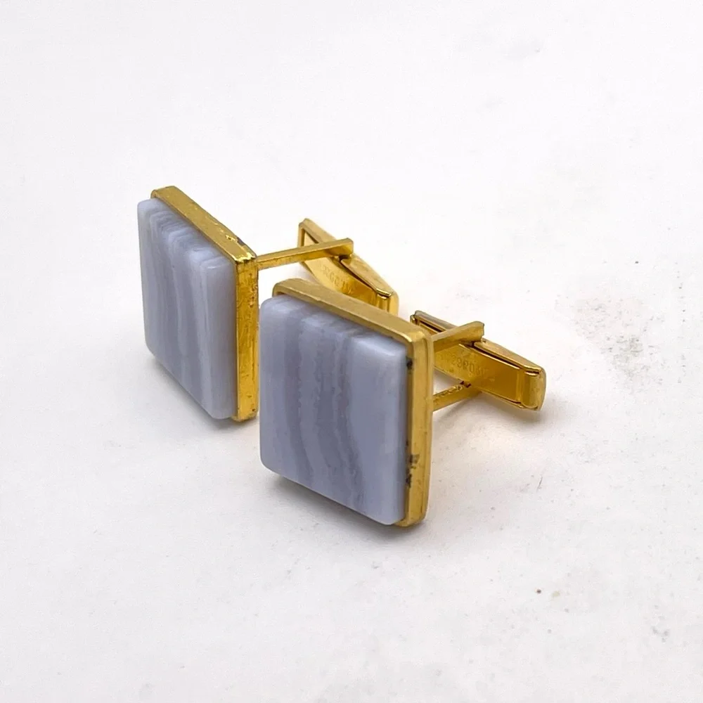 Striking Vintage Genuine Polished Blue Lace and Gold Tone Cufflinks